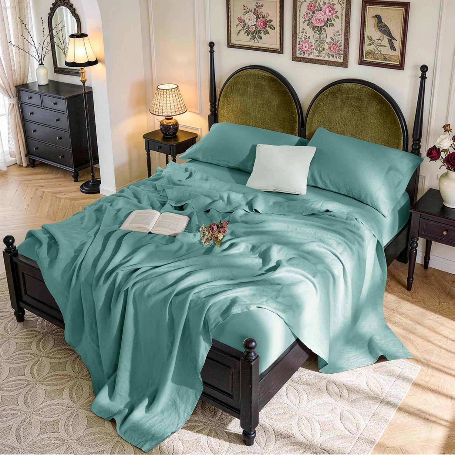 100% French Linen King Size Sheets Set,Natural Flax Bedding | Cooling for Hot Sleepers,Anti-Tear,Breathable Durable,16" Deep Pocket,Machine Washable,4Pc,Aqua
