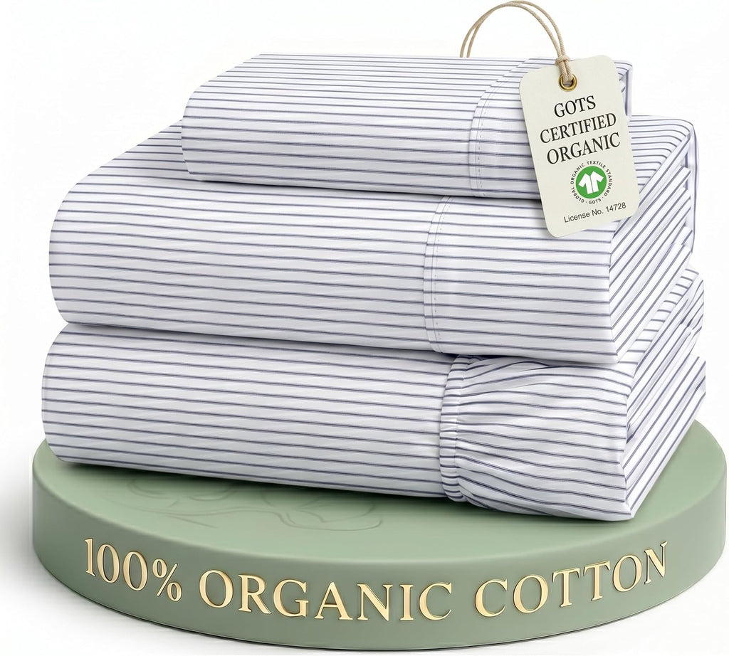Twin Sheet Set 100% Organic Cotton Cooling Soft - Ticking Stripe | 100% Organic Cotton Percale Twin Sheet Set - Affordable Organic Luxury, Honest-Price Organic Quality, for Hot Sleepers