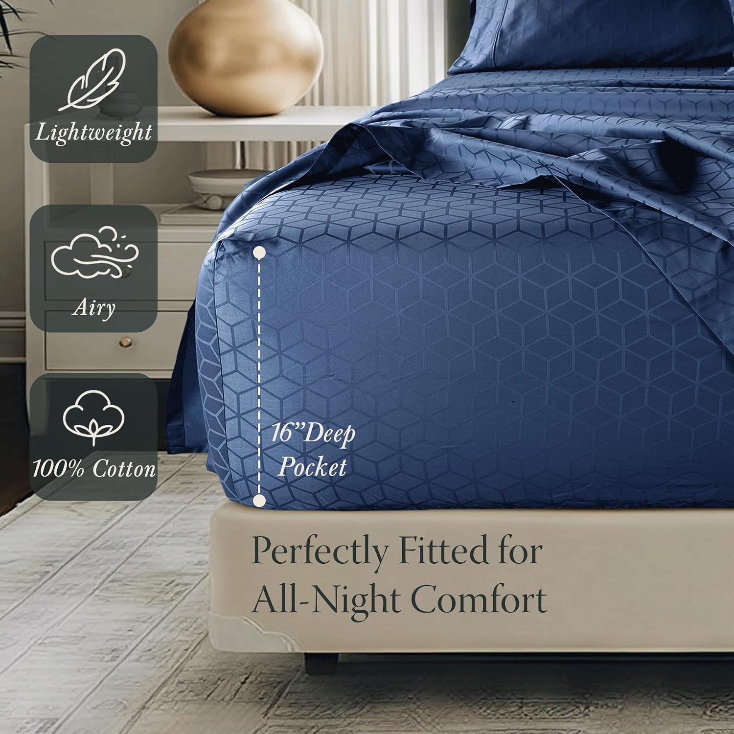 400TC Egyptian Cotton Queen Sheet Set, Jacquard, Folkstone Blue | 100% Egyptian Cotton, Jacquard Pattern, 4-Piece Set, 16" Deep Pocket, Cooling, OEKO-TEX Certified, Machine Washable