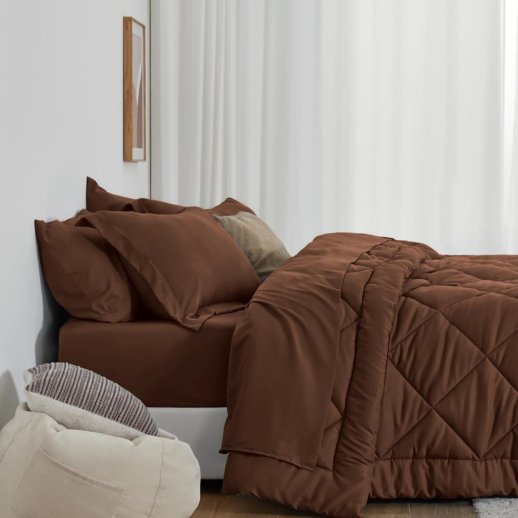 Full Comforter Set Brown, 7 Pieces Full Bed in a Bag, All Season Bedding Sets with 1 Comforter, 1 Flat Sheet, 1 Fitted Sheet, 2 Pillowcase and 2 Pillow Sham