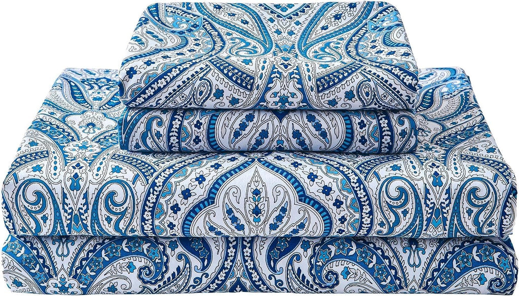 Blue Paisley Printed Queen Size Sheet Set, Blue Floral Sheets Queen, Cozy Microfiber Fitted Sheet with 15" Deep Pocket & Non-Slip Straps, Flower Patterned Sheets & Pillowcase Sets