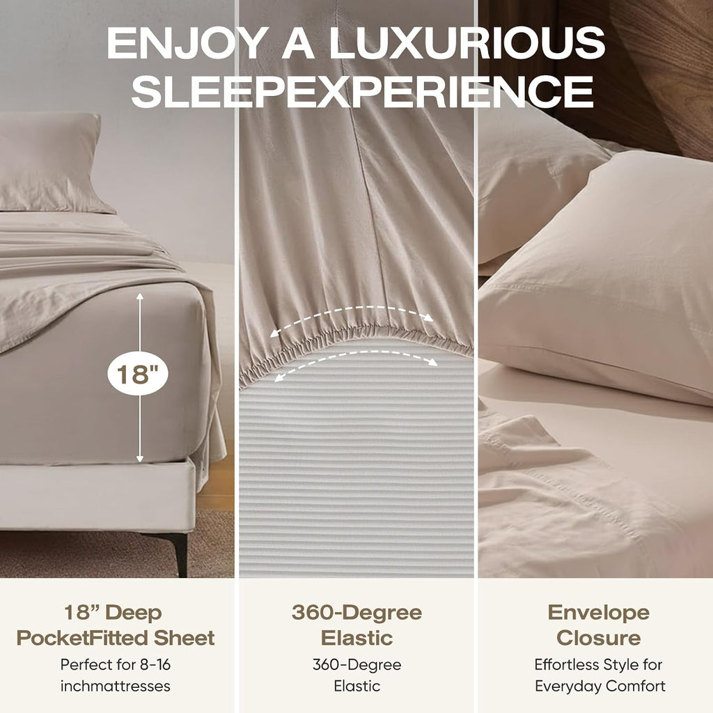 100% Pure Linen Blend 4 Piece Sheet Set, Cooling and Breathable Flax Bed Sheets for Hot Sleepers, All Season Comfort, Anti-Tear and Durable Bedding, 18 Inch Deep Pocket(Natural Linen, King)