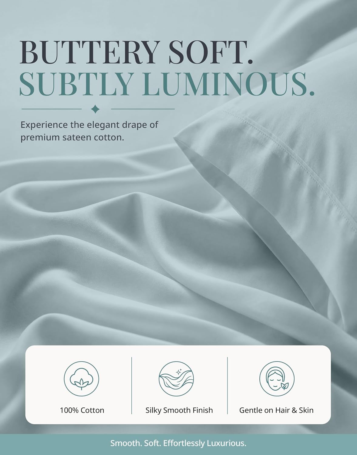 Queen Bed Sheets - 450TC Combed Cotton Sateen Weave, French Blue | Soft & Breathable Queen Sheet Set - Snug 15 Inch Deep Pocket, OEKO-TEX Certified, Everyday Comfort