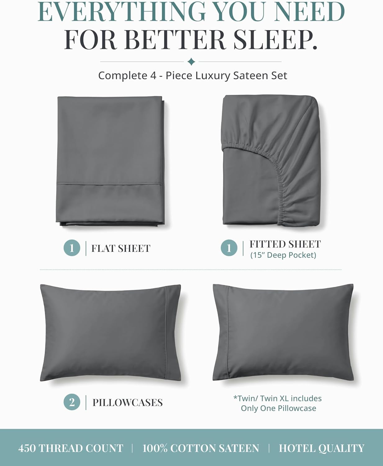 Bed Sheets Queen Size - 450TC 100% Cotton Sateen Weave, Charcoal | Soft, Breathable, Cooling & Silky Queen Sheet Set - 15 Inch Deep Pocket, OEKO-TEX Certified, Hotel Luxury