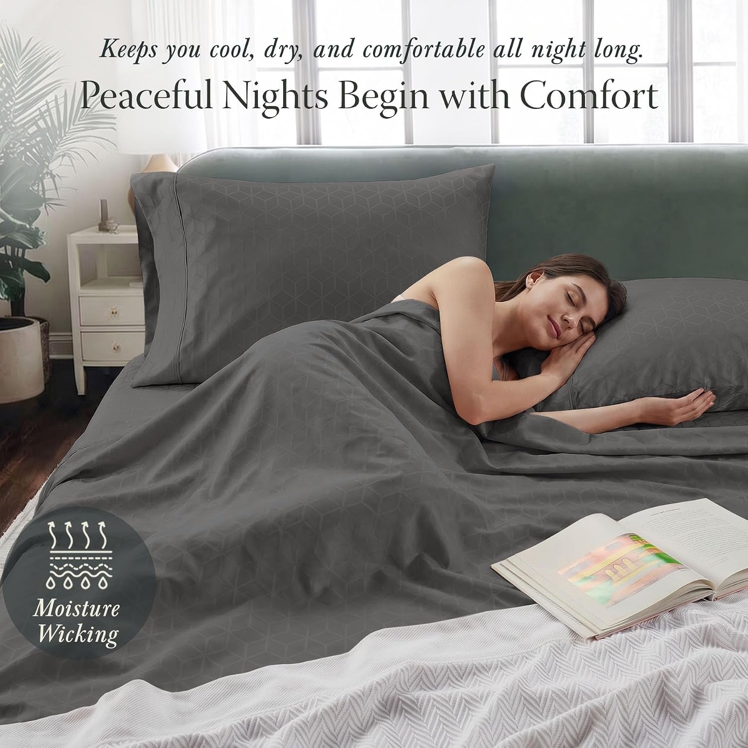 Queen Bed Linen Set, 400 Thread Count Egyptian Cotton, Deep Pocket, Cooling Damask Jacquard, Dark Grey, 4 Piece Set | 100% Egyptian Cotton, Jacquard Pattern, 4-Piece Set, Cooling, OEKO-TEX Certified, Machine Washable