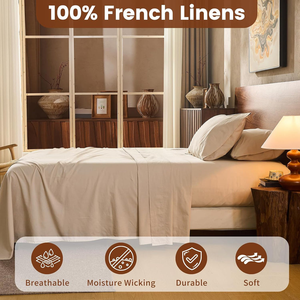 100% Linen Sheets Queen Size,Breathable & Durable 4-Piece Bed Flax Sheet Set,Soft All-Season Bedding for Hot Sleepers 16" Deep Pocket Oeko-Tex Certified,（Queen, Linen）