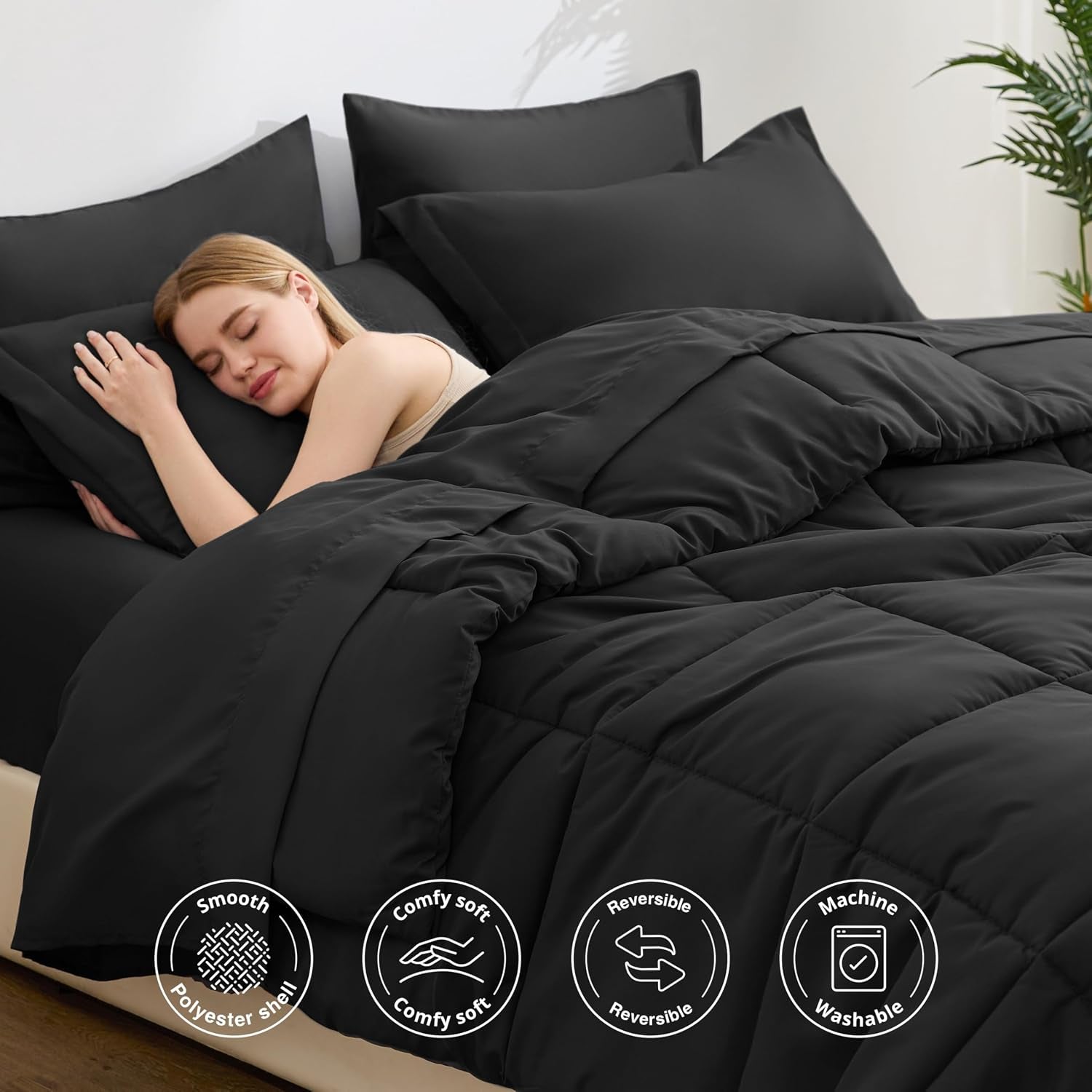 Full Comforter Set Ash Black, 7 Pieces Full Bed in a Bag, All Season Bedding Sets with 1 Comforter, 1 Flat Sheet, 1 Fitted Sheet, 2 Pillowcase and 2 Pillow Sham