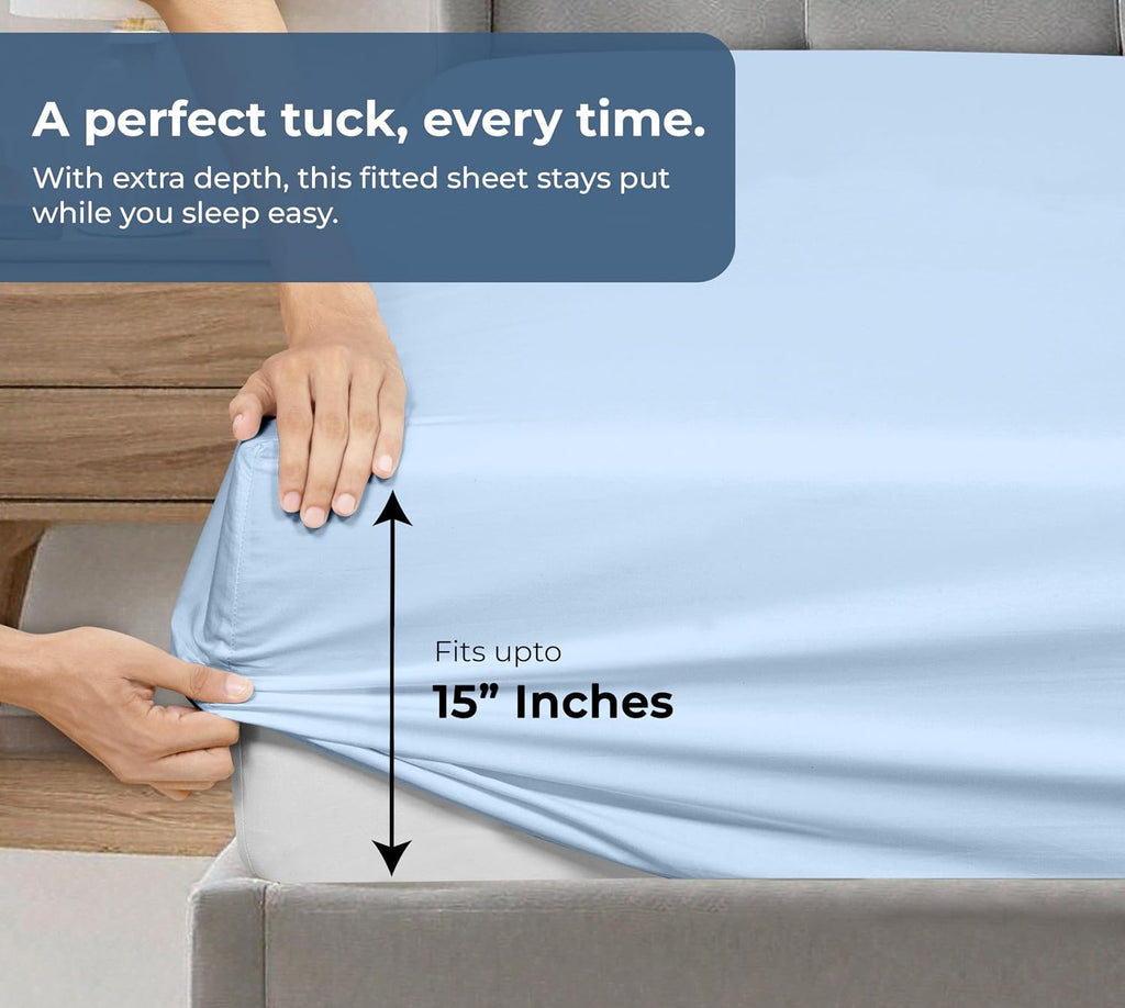 Royale Linen Fitted Sheet with Pillowcases - Queen Fitted Sheets with 2 Pillowcases - 300 Thread Count 100% Organic Cotton - Fit Mattress up to 18" Deep - Soft & Breathable - Lake Blue (No Flat Sheet)