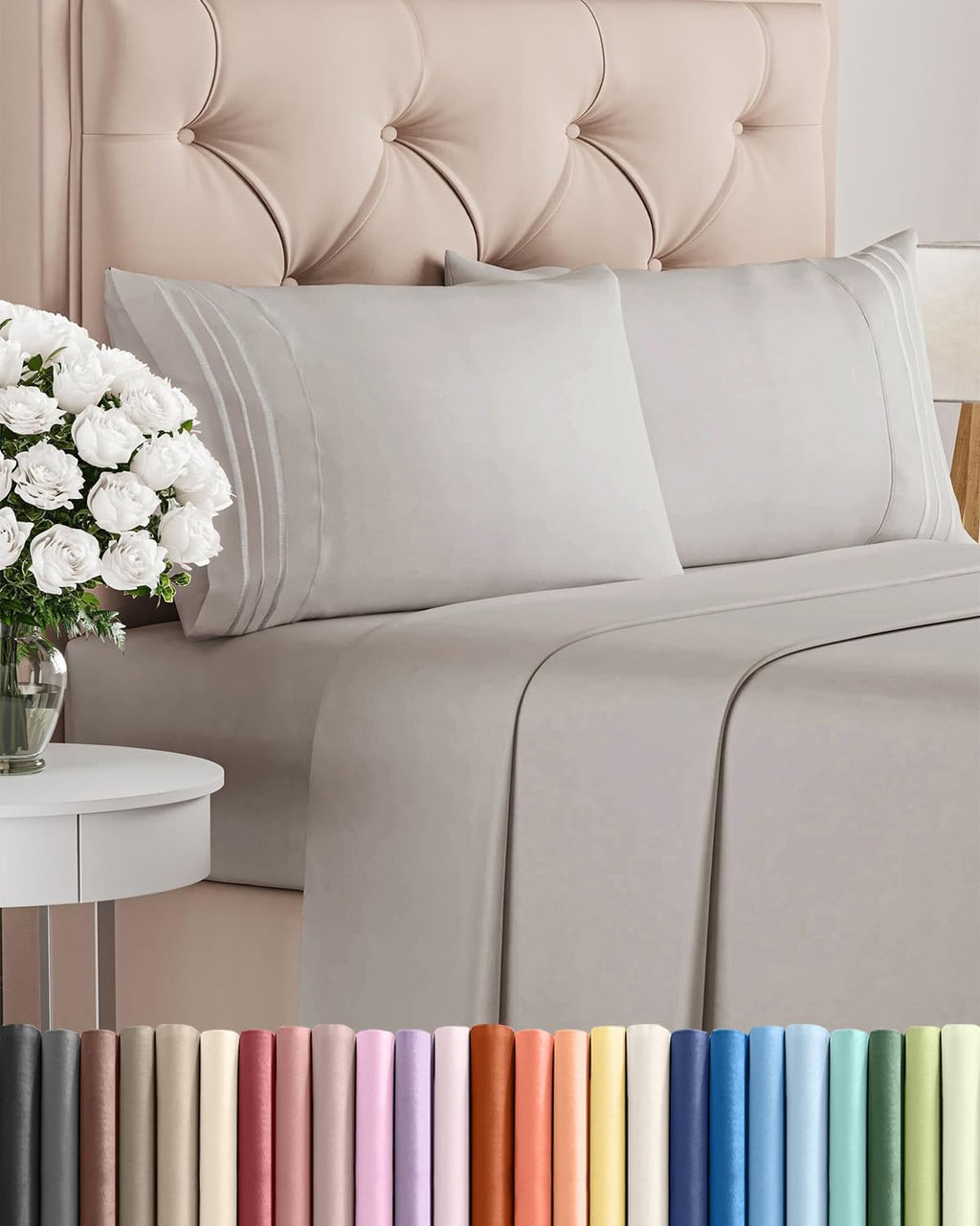 Queen Size 4 Piece Sheet Set - Breathable & Cooling Sheets - Light Grey | Hotel Luxury Bed Sheets for Women & Men, Deep Pockets, Easy-Fit, Extra Soft and Wrinkle Free Sheets, Oeko-Tex Bed Sheet Set