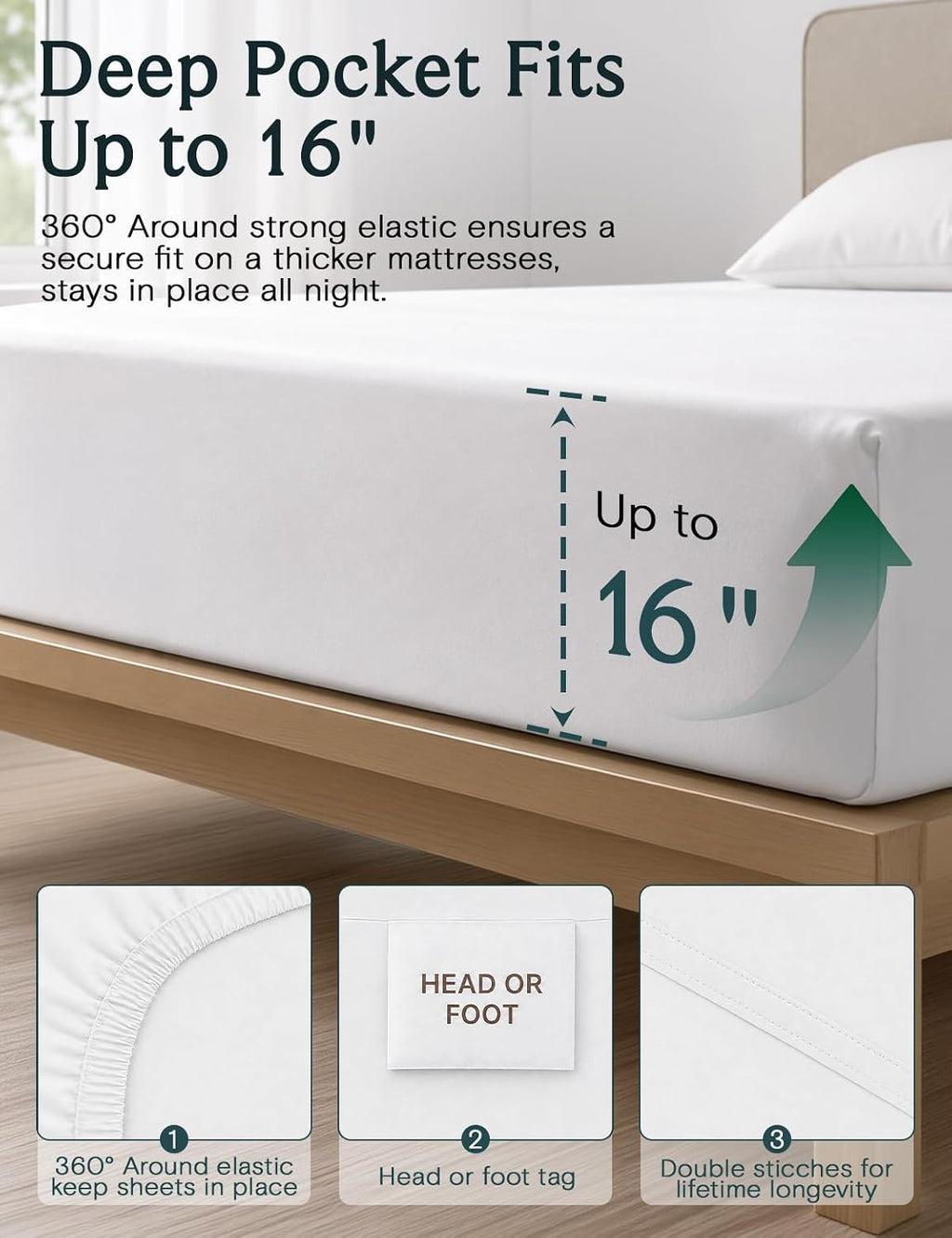Queen Size Sheet Set, Cooling & Soft Deep Pocket Bed Sheets, 4PC |  Silky Fitted Sheet & Pillowcase Sets, Breathable Hotel Luxury Bedding for Mattress Wrinkle Free, White