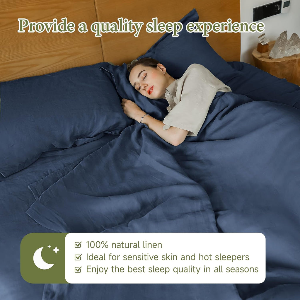 100% Linen Sheets Queen Size Set, 4 Pcs Natural French Linen Bed Sheets, Breathable Soft Durable Bedding Set for All Season (Classic Blue, Queen)