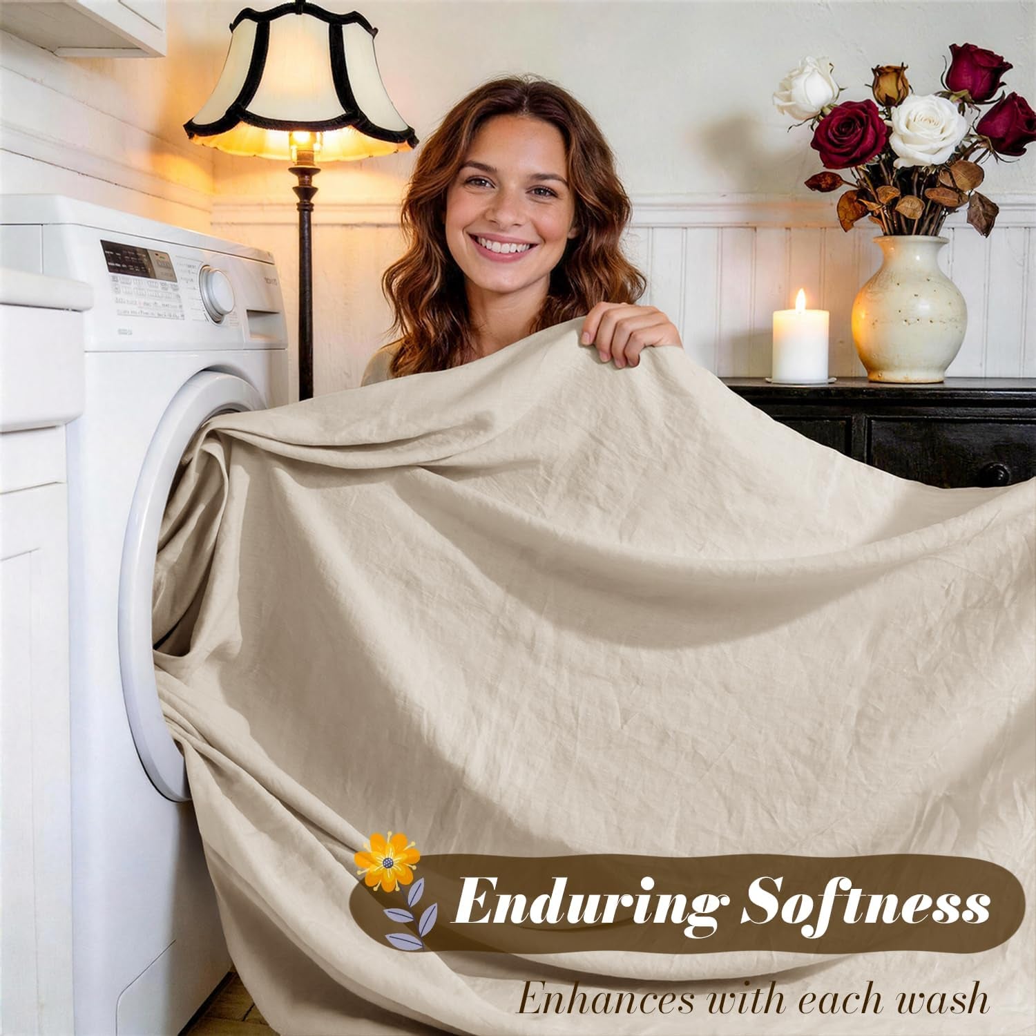 100% French Linen King Size Sheets Set,Natural Flax Bedding | Cooling for Hot Sleepers,Anti-Tear,Breathable Durable,16" Deep Pocket,Machine Washable,4Pc,Natural Linen