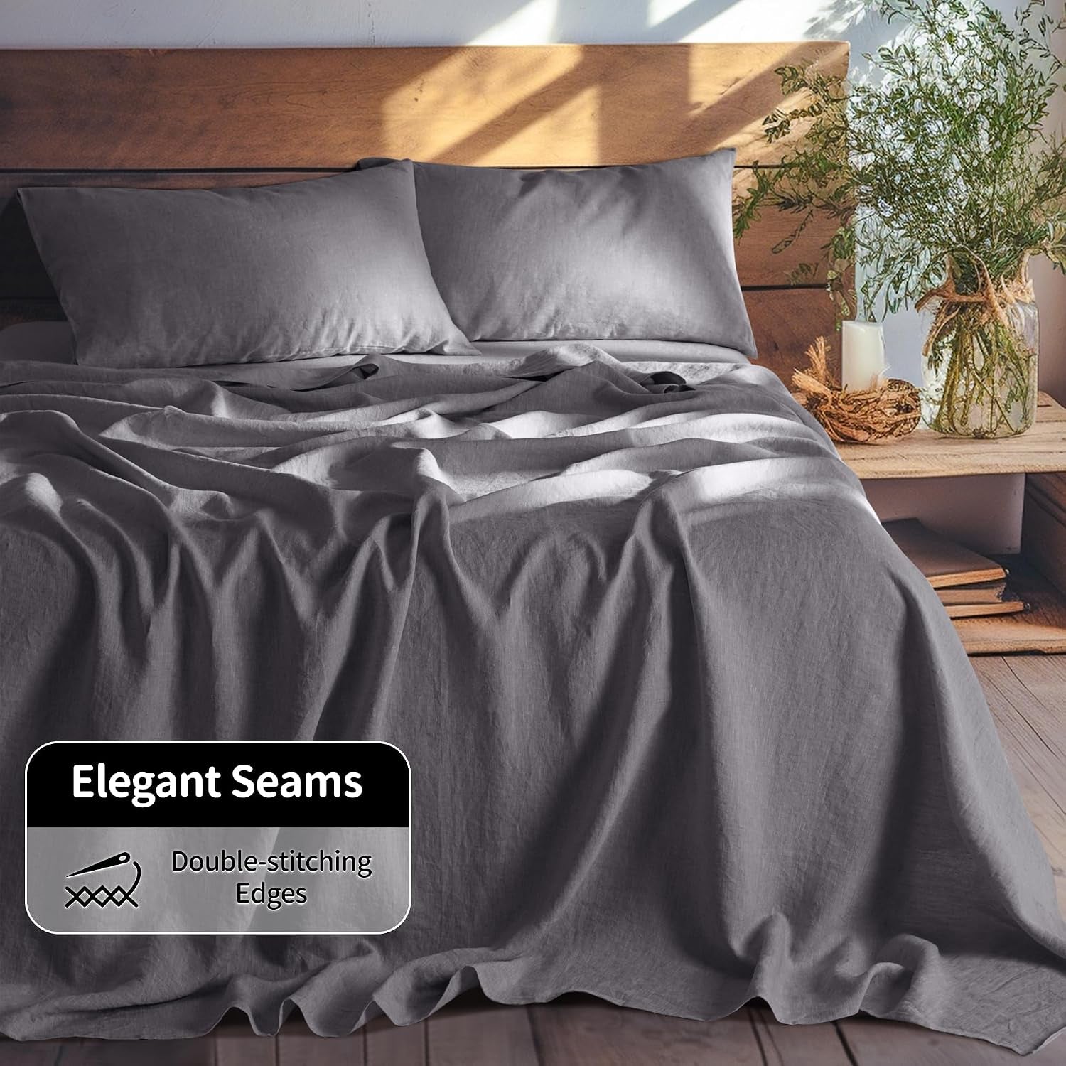 100% French Organic Linen Sheet Set 4Pcs, 16" Deep Pocket Queen Size | Pure Linen Bed Sheet, Natural Flax, Soft Breathable Sheets for Hot Sleepers, Durable, and Cozy for All Seasons, Dark Gray