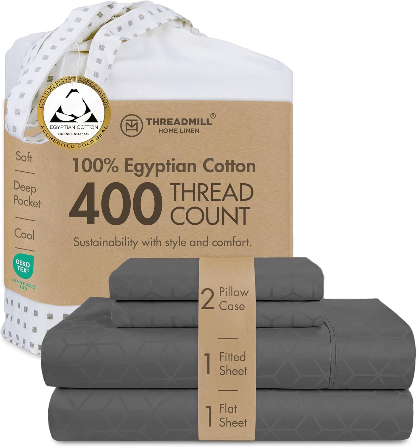 Queen Bed Linen Set, 400 Thread Count Egyptian Cotton, Deep Pocket, Cooling Damask Jacquard, Dark Grey, 4 Piece Set | 100% Egyptian Cotton, Jacquard Pattern, 4-Piece Set, Cooling, OEKO-TEX Certified, Machine Washable