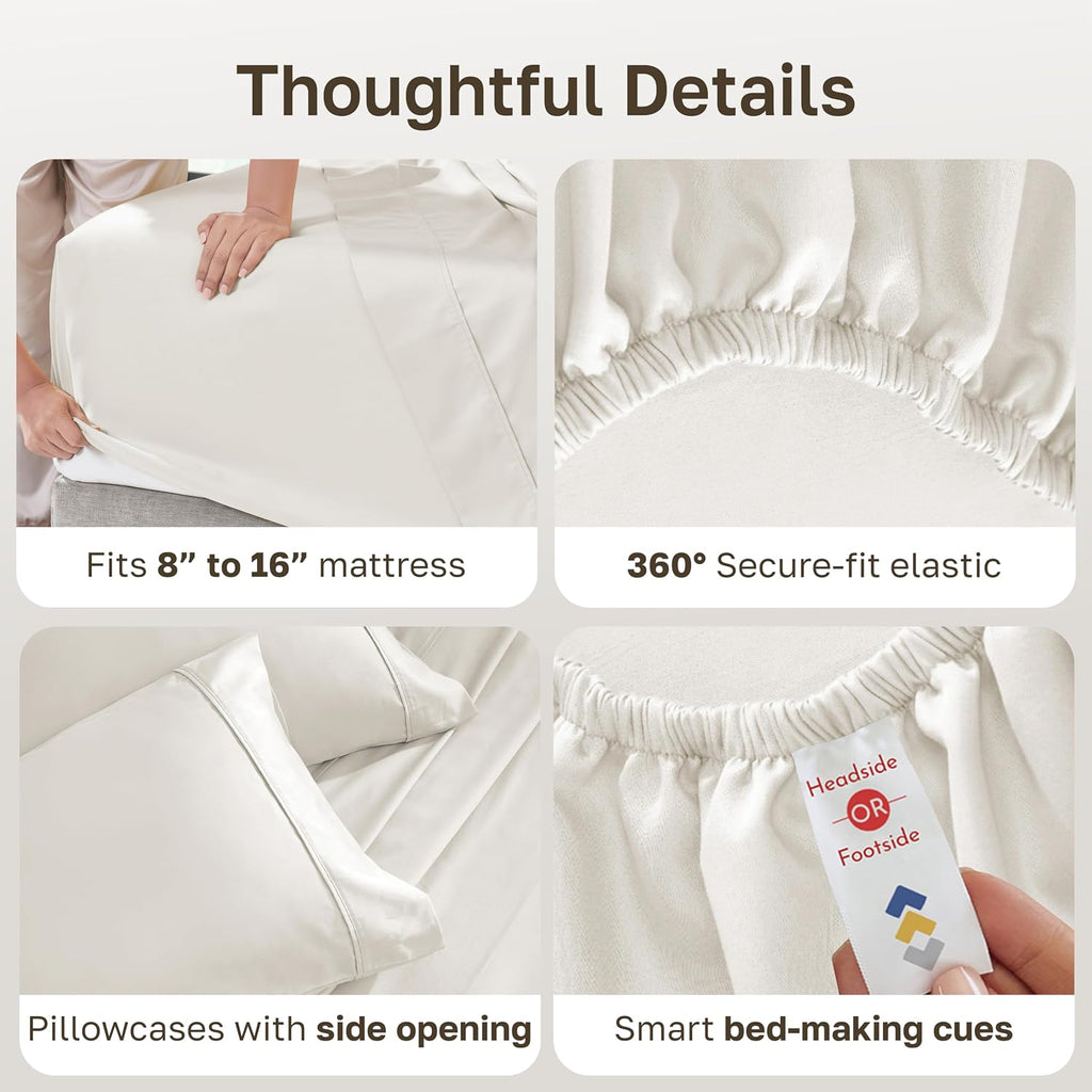 100% Cotton Sateen Deep Pocket Queen Sheets Set | 400 Thread Count Backed by Good Housekeeping Seal, 16" Deep Pocket, All-Around Elastic, Easy Care - Ivory (Pale Tone)