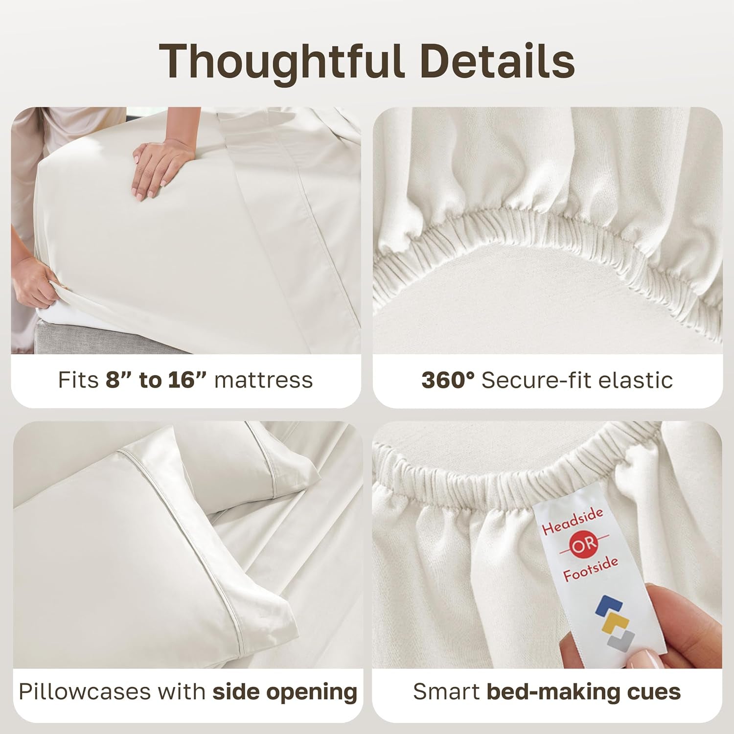 100% Cotton Sateen Deep Pocket Queen Sheets Set | 400 Thread Count Backed by Good Housekeeping Seal, 16" Deep Pocket, All-Around Elastic, Easy Care - Ivory (Pale Tone)