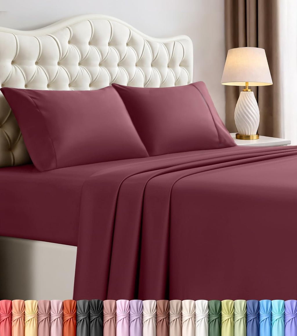 Queen Sheets Set, 4 Pieces 16" Deep Pocket Hotel Luxury Bedsheets, Burgundy | Extra Soft Bedsheet Set, Comfy & Breathable Cooling Sheets, Wrinkle & Fade Resistant, Fitted Sheet, Flat Sheet, 2 Pillowcases