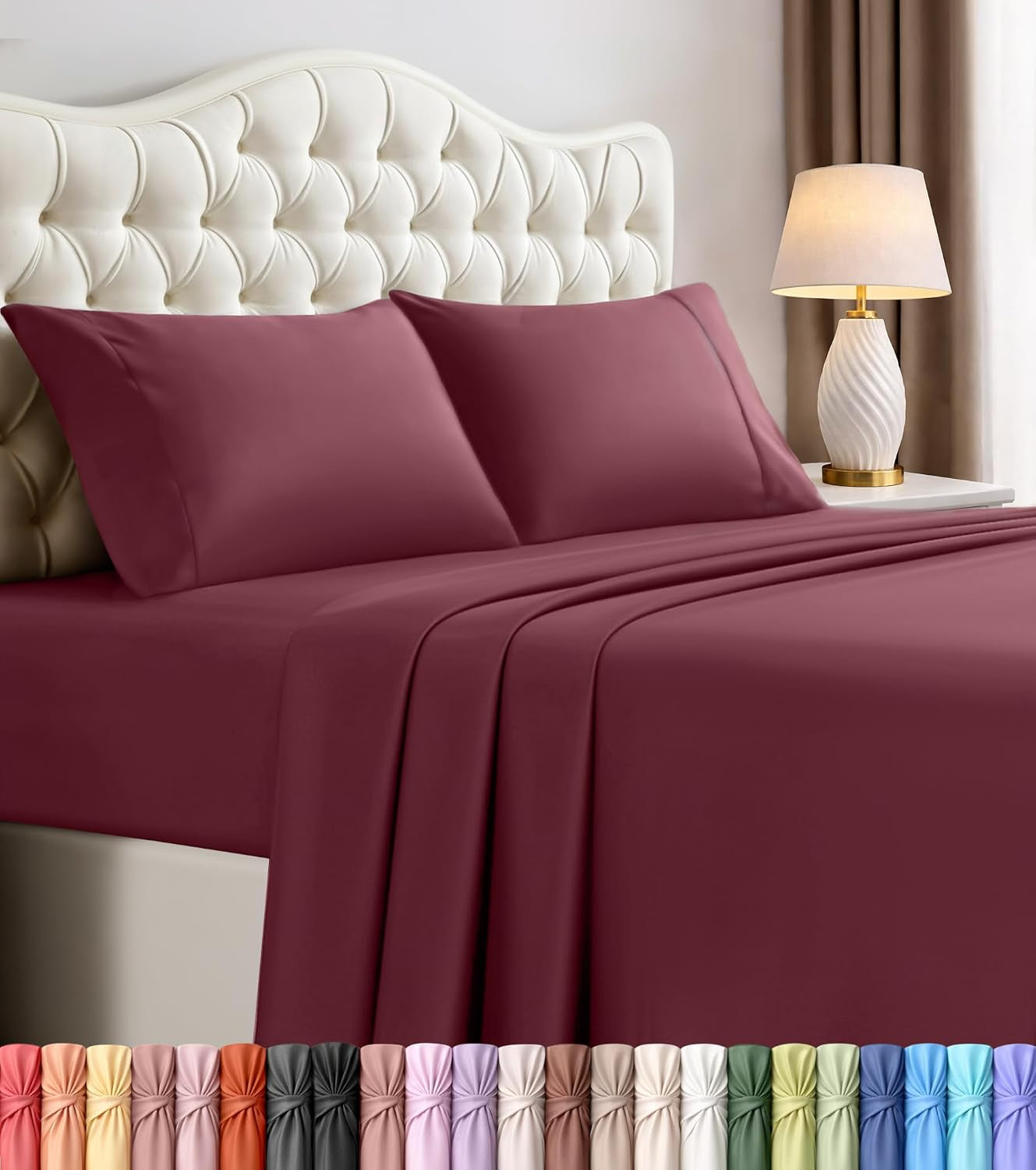 Queen Sheets Set, 4 Pieces 16" Deep Pocket Hotel Luxury Bedsheets, Burgundy | Extra Soft Bedsheet Set, Comfy & Breathable Cooling Sheets, Wrinkle & Fade Resistant, Fitted Sheet, Flat Sheet, 2 Pillowcases