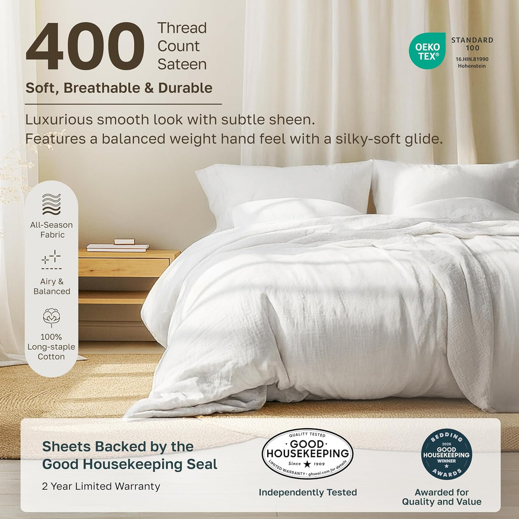 100% Cotton Sateen Deep Pocket Queen Sheets Set | 400 Thread Count Backed by Good Housekeeping Seal, 16" Deep Pocket, All-Around Elastic, Easy Care - Ivory (Pale Tone)