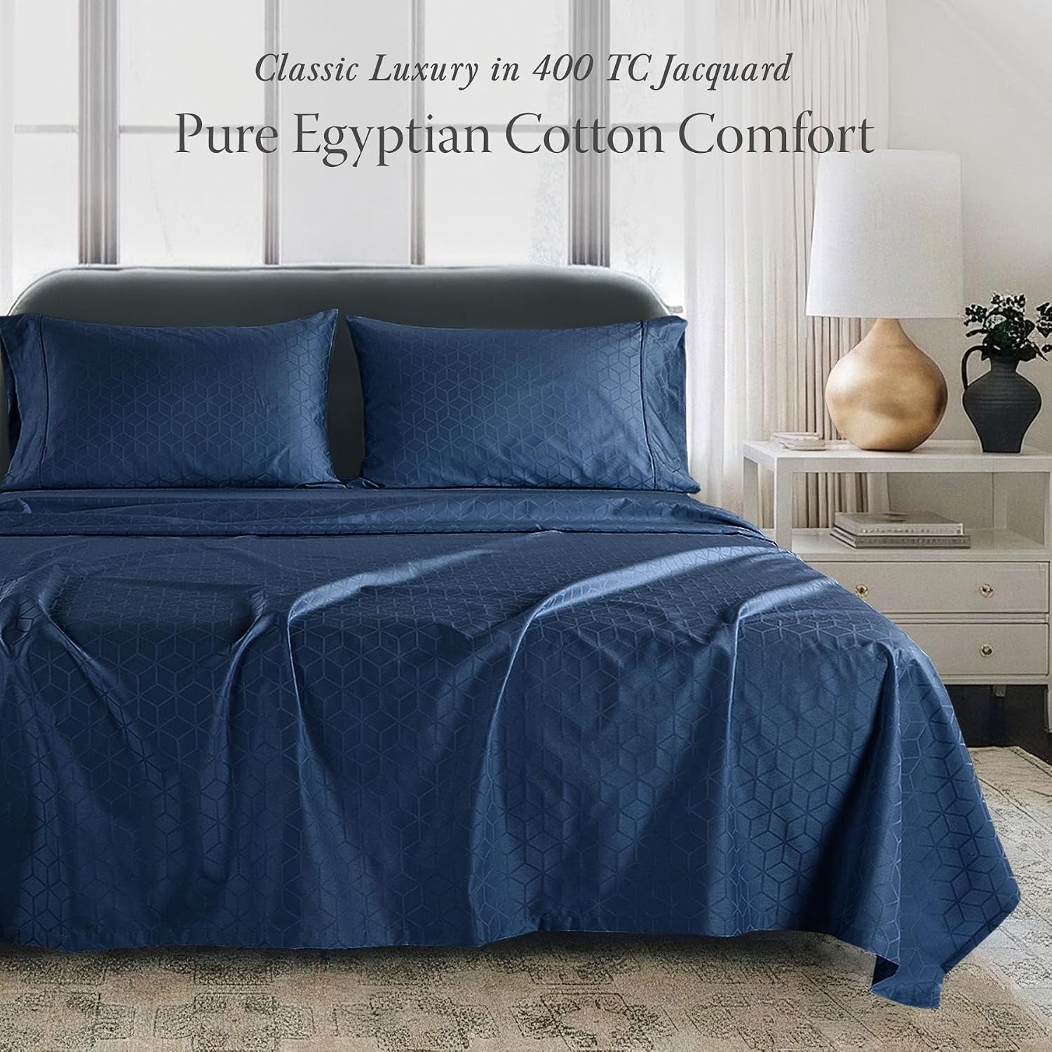 400TC Egyptian Cotton Queen Sheet Set, Jacquard, Folkstone Blue | 100% Egyptian Cotton, Jacquard Pattern, 4-Piece Set, 16" Deep Pocket, Cooling, OEKO-TEX Certified, Machine Washable