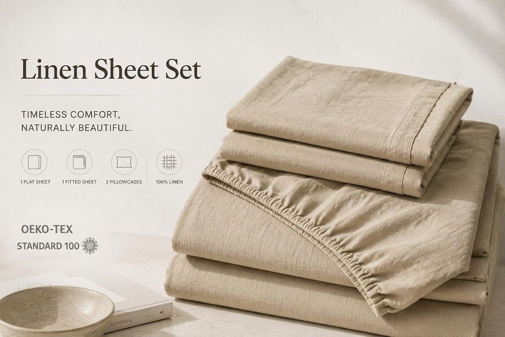 100% French Linen Sheets King,4 Pcs,18-24" Extra Deep Pocket | Soft Durable Linen Sheets, Breathable, Anti-Tear, OEKO-TEX Certified, Easy Care Machine Washable