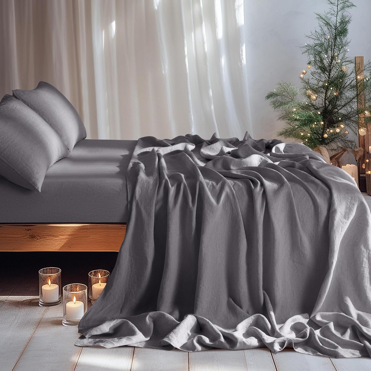 100% French Organic Linen Sheet Set 4Pcs, 16" Deep Pocket Queen Size | Pure Linen Bed Sheet, Natural Flax, Soft Breathable Sheets for Hot Sleepers, Durable, and Cozy for All Seasons, Dark Gray