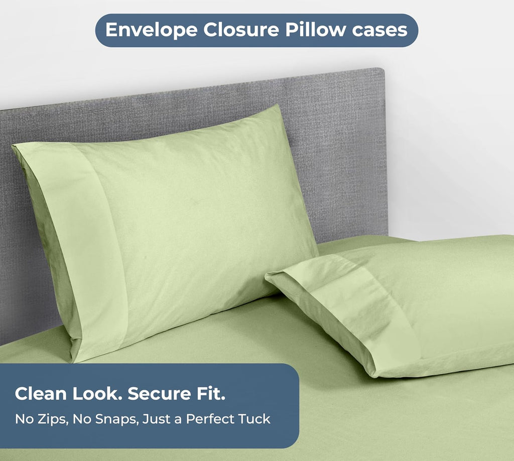 Royale Linen Fitted Sheet with Pillowcases - Queen Fitted Sheets with 2 Pillowcase - 300 Thread Count 100% Organic Cotton - Fit Mattress up to 18" Deep - Soft & Breathable - Sage Green (No Flat Sheet)