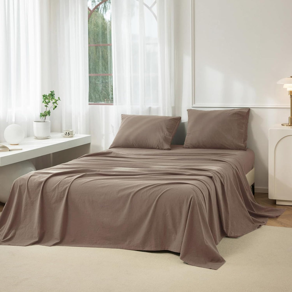 King Washed Cotton Sheet Set, 4-Piece, Relaxed Linen Feel | Deep Pocket Fits Mattresses up to 17". Flat Sheet & 2 Pillowcases. Naturally Soft & Breathable. Machine Washable.