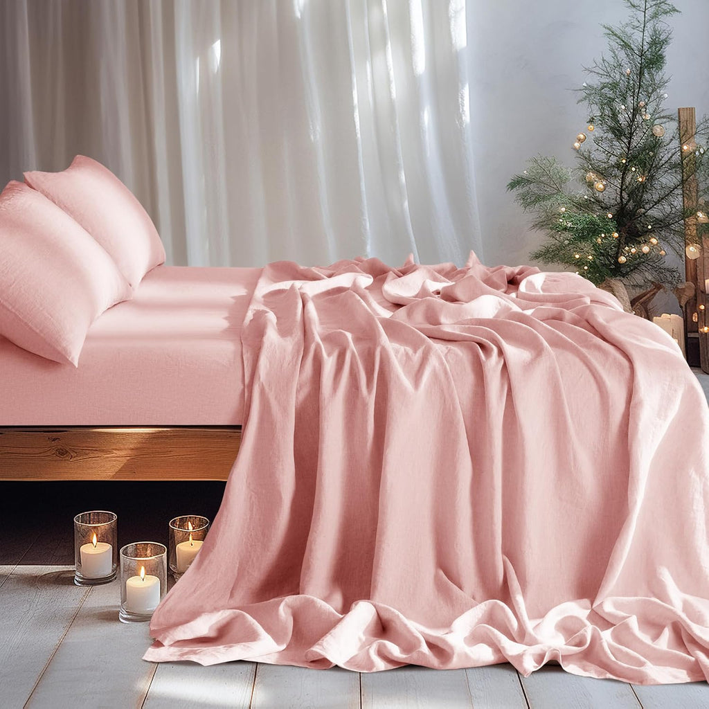 100% French Organic Linen Sheet Set 4Pcs, 16" Deep Pocket Queen Size | Pure Linen Bed Sheet, Natural Flax, Soft Breathable Sheets for Hot Sleepers, Durable, and Cozy for All Seasons, Blush Pink