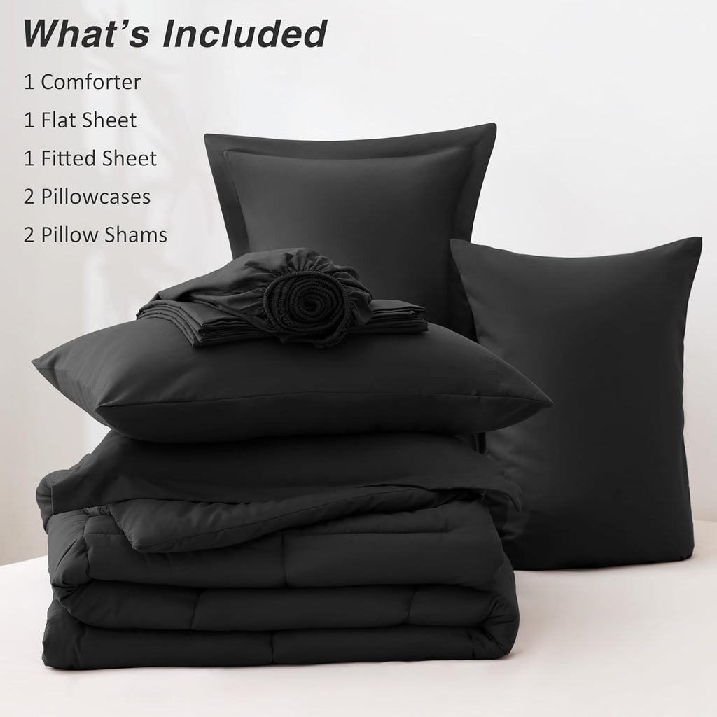 Full Comforter Set Ash Black, 7 Pieces Full Bed in a Bag, All Season Bedding Sets with 1 Comforter, 1 Flat Sheet, 1 Fitted Sheet, 2 Pillowcase and 2 Pillow Sham