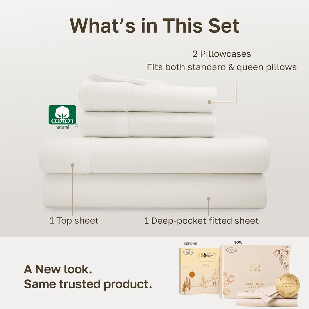 100% Cotton Sateen Deep Pocket Queen Sheets Set | 400 Thread Count Backed by Good Housekeeping Seal, 16" Deep Pocket, All-Around Elastic, Easy Care - Ivory (Pale Tone)