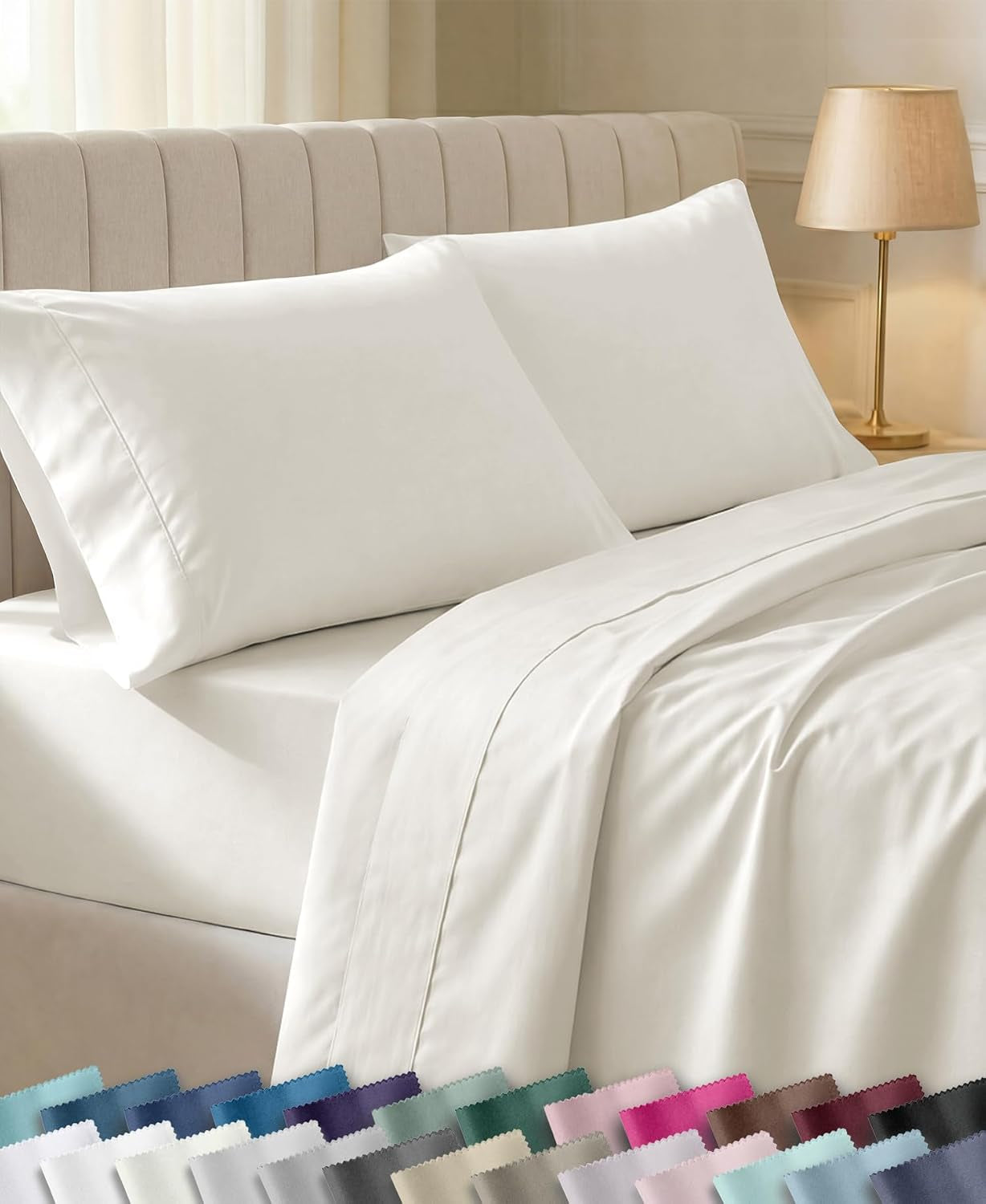 100% Cotton Sateen Deep Pocket Queen Sheets Set | 400 Thread Count Backed by Good Housekeeping Seal, 16" Deep Pocket, All-Around Elastic, Easy Care - Ivory (Pale Tone)