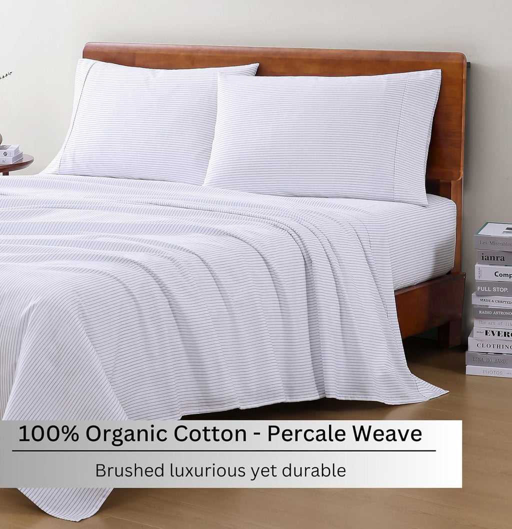 King Sheets 100% Organic Cotton 4Pc Percale - Ticking Stripe | King Sheet Set, 100% Organic Cotton Percale - Great for Gifting, Easy-Care Machine Washable, Breathable for Year-Round Sleep