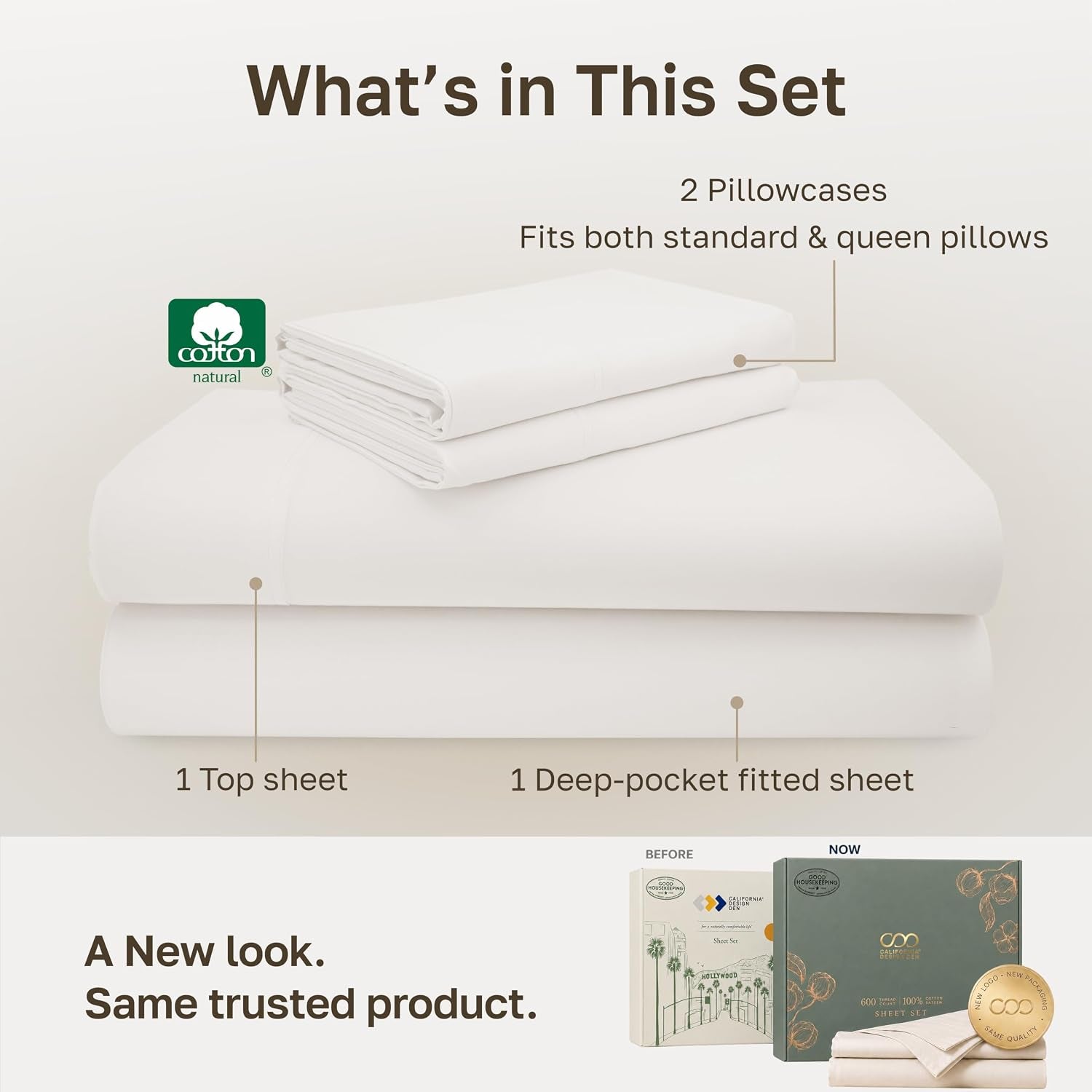 600 Thread Count Bed Sheets Queen Size Set,True Ivory | 100% Cotton Sateen Backed by Good Housekeeping Seal, Soft & Smooth, 16" Deep Pocket, All-Around Elastic, Durable, Easy Care