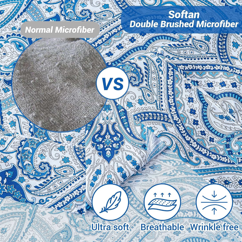 Blue Paisley Printed Queen Size Sheet Set, Blue Floral Sheets Queen, Cozy Microfiber Fitted Sheet with 15" Deep Pocket & Non-Slip Straps, Flower Patterned Sheets & Pillowcase Sets