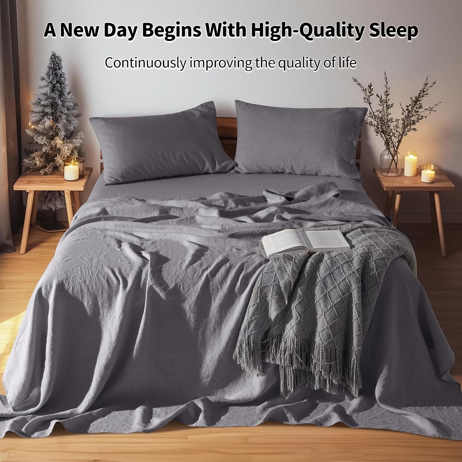 100% French Organic Linen Sheet Set 4Pcs, 16" Deep Pocket Queen Size | Pure Linen Bed Sheet, Natural Flax, Soft Breathable Sheets for Hot Sleepers, Durable, and Cozy for All Seasons, Dark Gray