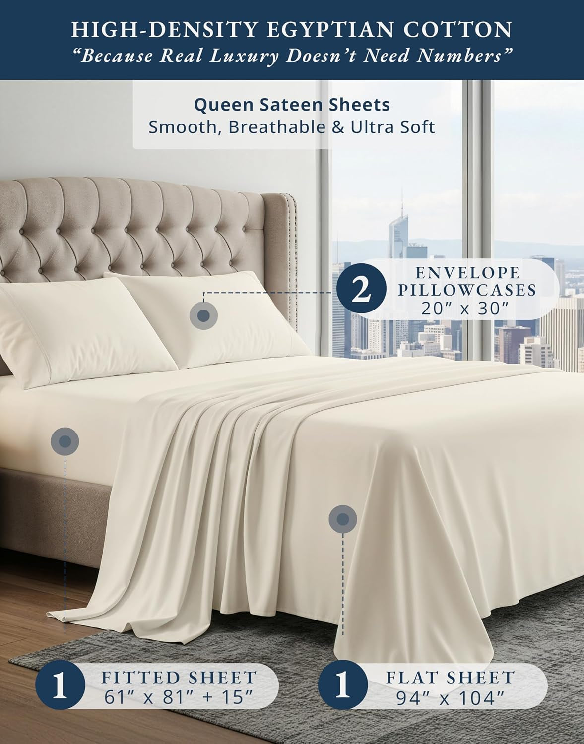 Queen Bed Sheets 100% Egyptian Cotton Sateen - Ivory | Sheets Queen Size Bed Set - 4-Piece Set, for a Luxurious Night'S Sleep, for Guests and Everyday Use, Luxe Sheen,