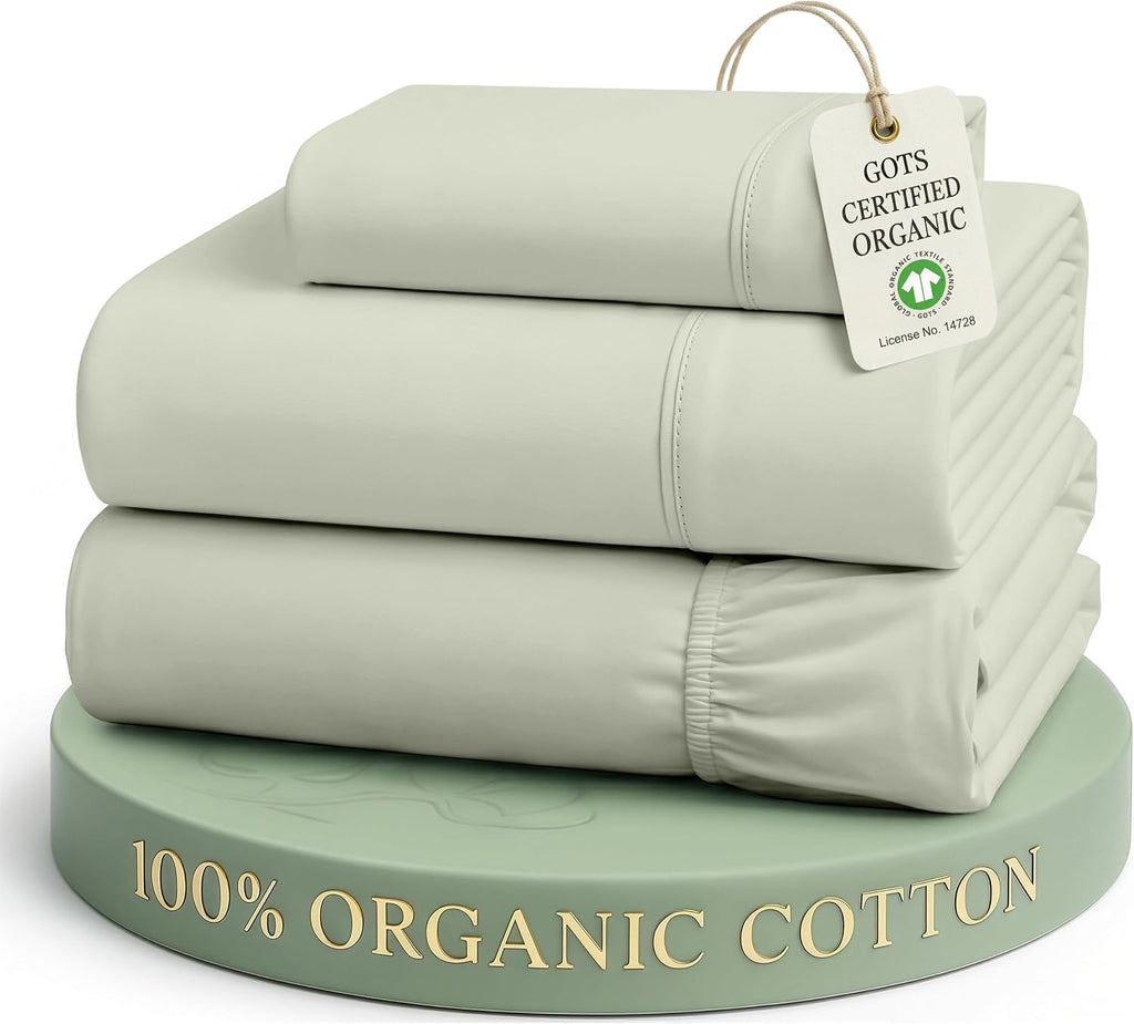 100% Organic Cotton Twin Sheets, Soft & Comfy Percale Weave Mercerized Fully Elasticized Reinforsed Seam Naturally Temperature Regulating Cotton Sheets Twin- Mineral