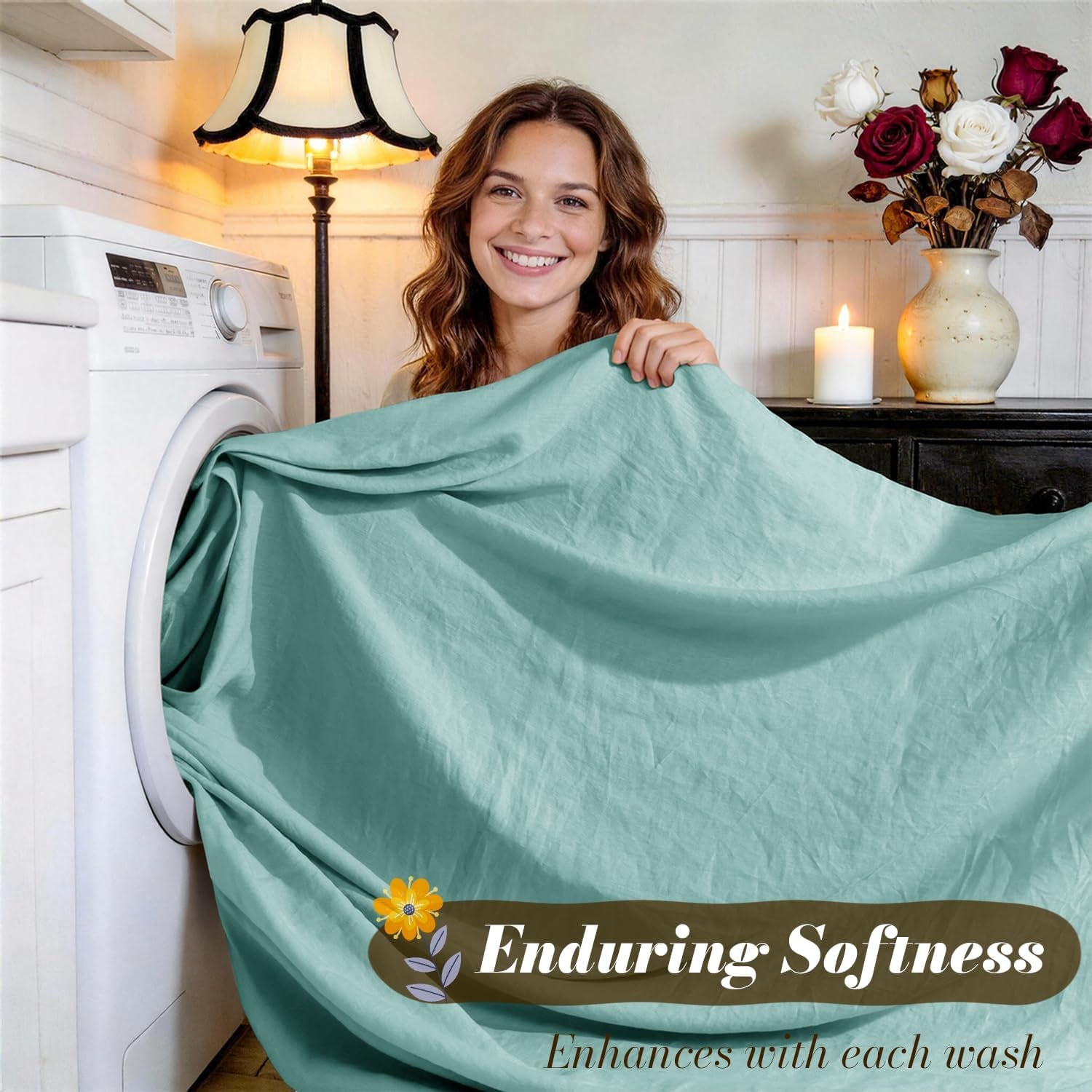 100% French Linen King Size Sheets Set,Natural Flax Bedding | Cooling for Hot Sleepers,Anti-Tear,Breathable Durable,16" Deep Pocket,Machine Washable,4Pc,Aqua
