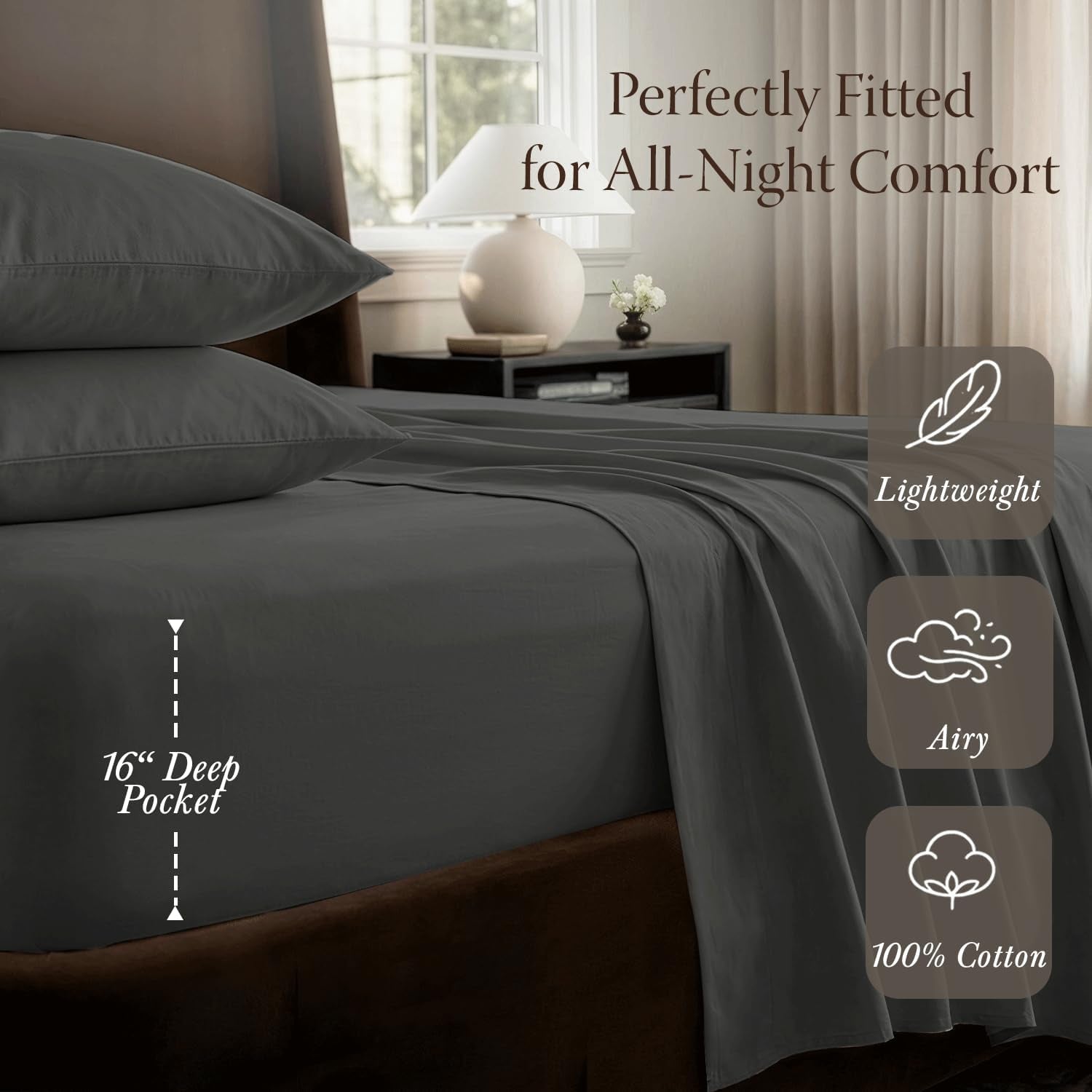 400TC Egyptian Cotton Queen Sheet Set, Sateen, Dark Grey, 4-Pc | 100% Egyptian Cotton, Sateen Weave, 4-Piece Set, 16" Deep Pocket, Cooling, OEKO-TEX Certified, Machine Washable