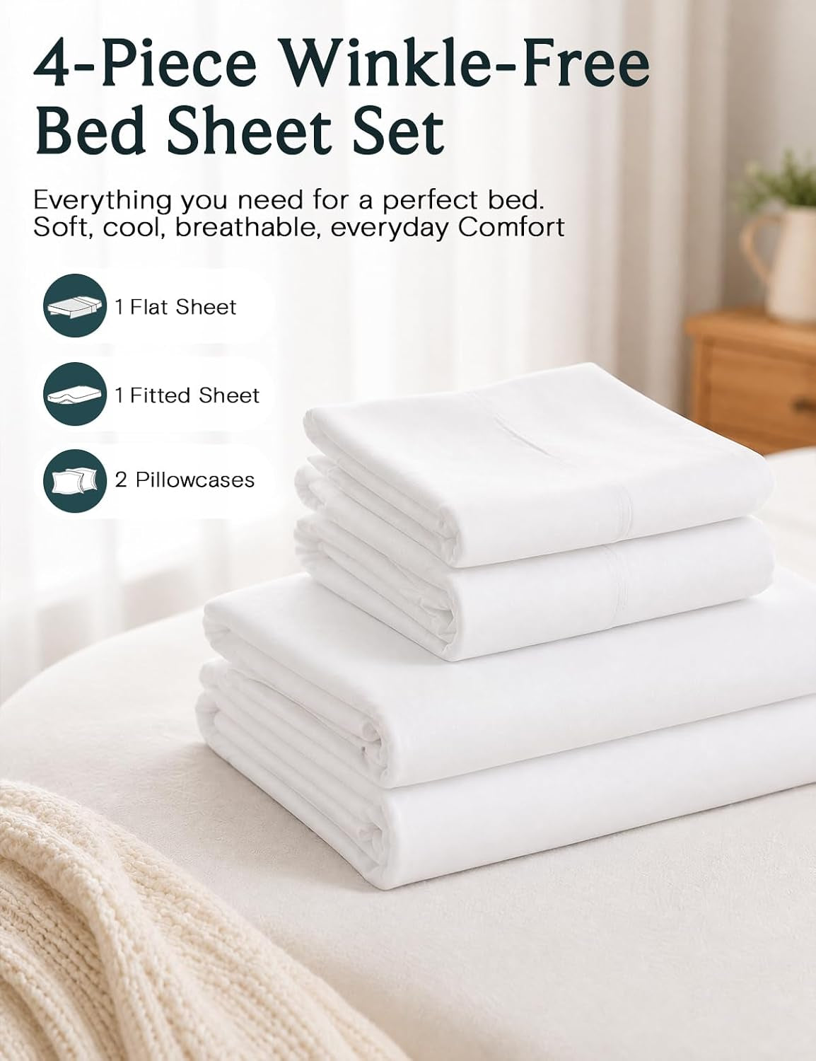 Queen Size Sheet Set, Cooling & Soft Deep Pocket Bed Sheets, 4PC |  Silky Fitted Sheet & Pillowcase Sets, Breathable Hotel Luxury Bedding for Mattress Wrinkle Free, White