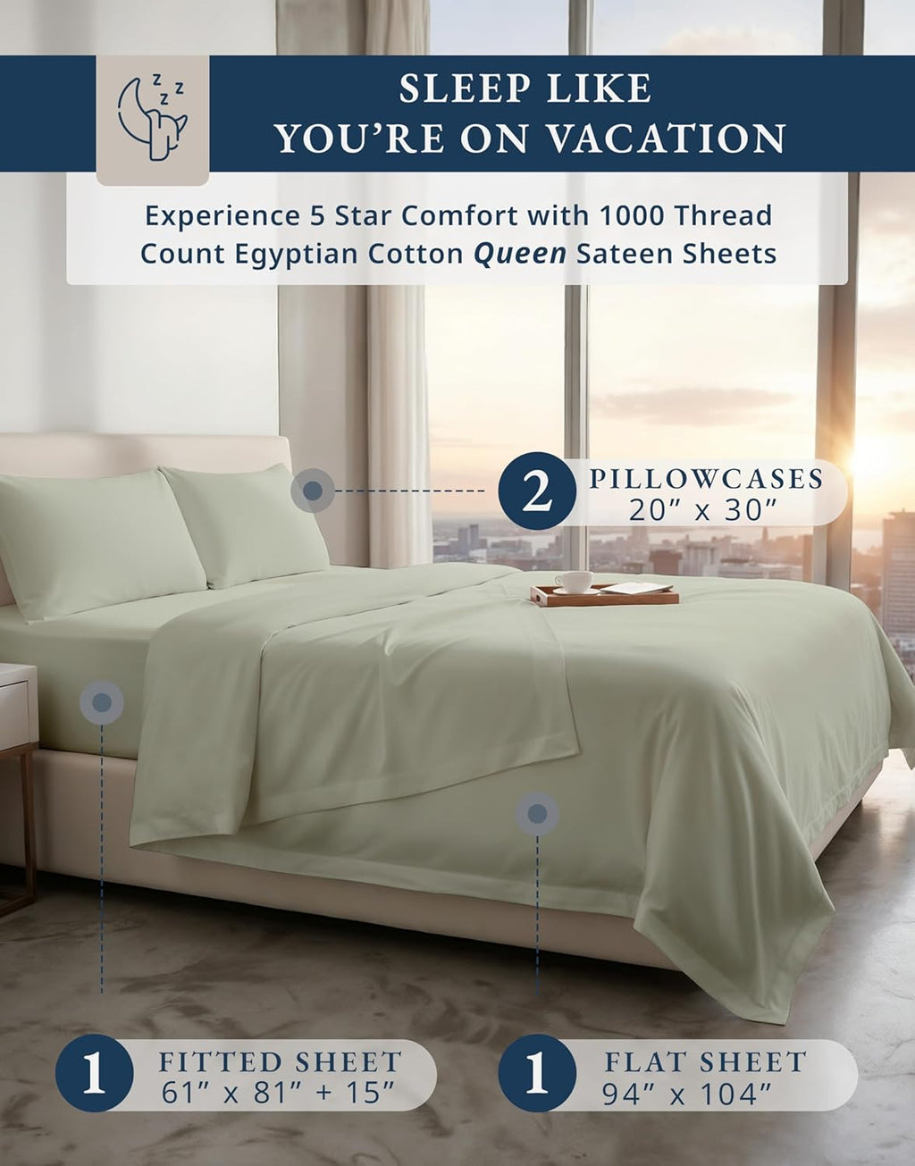 Bed Sheets Queen Size 100% Egyptian Cotton Sateen - Mineral | Deep Pocket Queen Sheets - 4-Piece Set, 16" Deep-Pocket Snug Fit, 1000 Thread Count, Styles a Master Bedroom, Plush