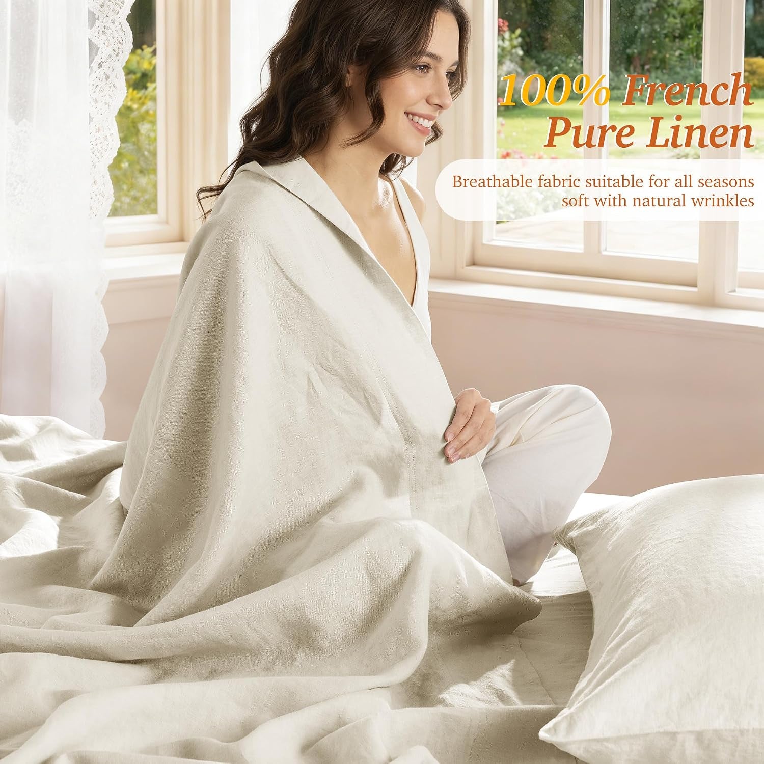 100% French Pure Linen Sheets King Size,Soft & Durable | Breathable for Hot Sleepers,Anti-Tear Linen Bed Sheets,Moisture Wicking,16" Deep Pocket - 4 Piece,Cream
