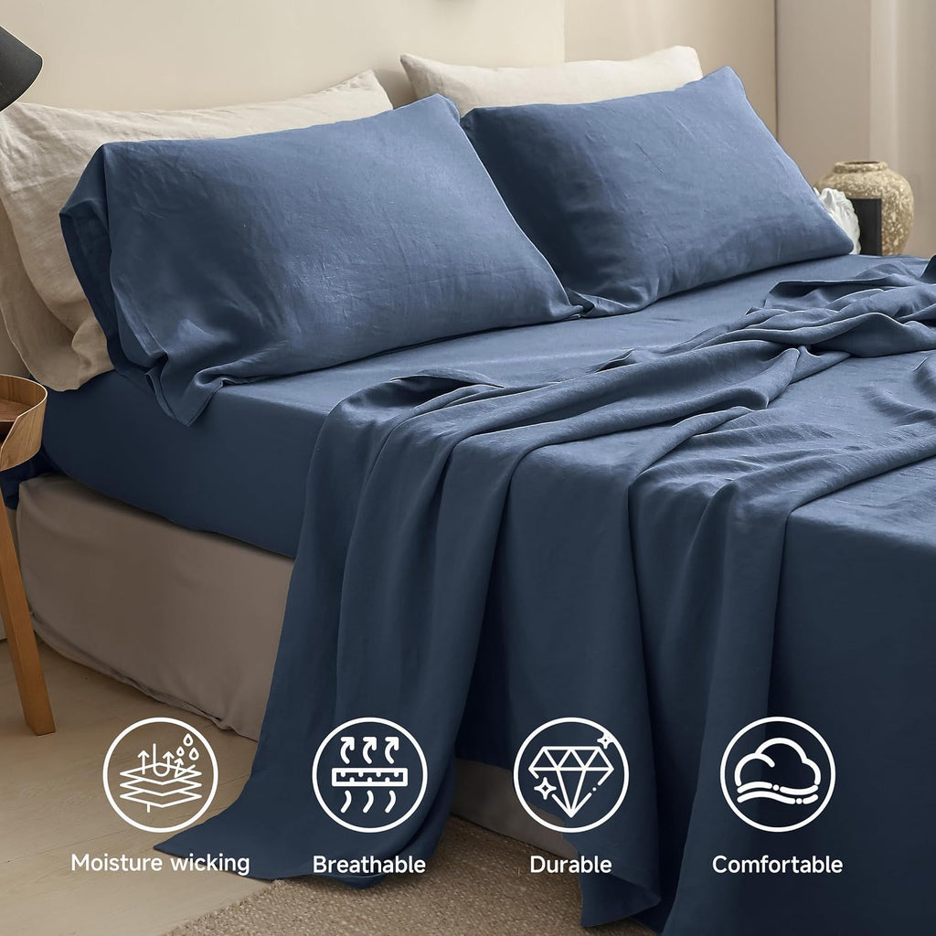 100% Linen Sheets Queen Size Set, 4 Pcs Natural French Linen Bed Sheets, Breathable Soft Durable Bedding Set for All Season (Classic Blue, Queen)