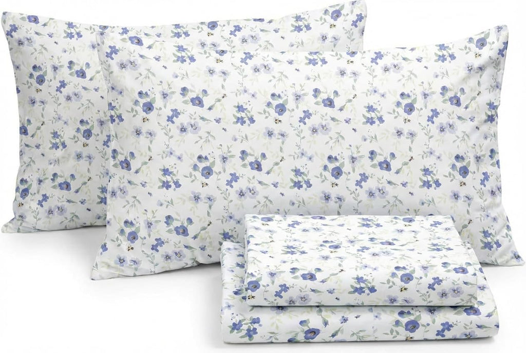 4 Piece Queen Sheet Set - Breathable, Double-Brushed Patterned Cooling Sheets – Ultra Soft & Wrinkle-Free 16" Deep-Pocket Queen Sheets - Easy Care Blossoms Light Blue