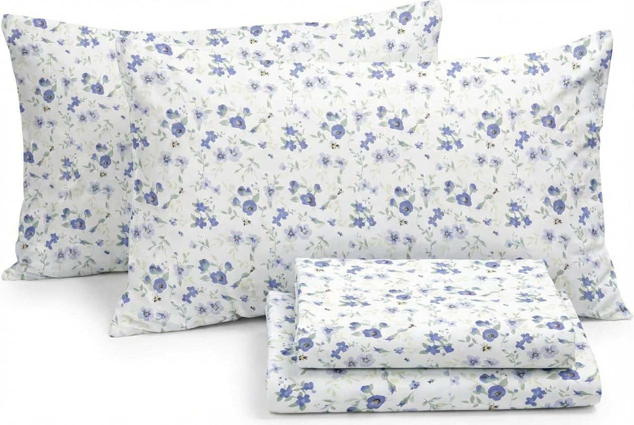 4 Piece Queen Sheet Set - Breathable, Double-Brushed Patterned Cooling Sheets – Ultra Soft & Wrinkle-Free 16" Deep-Pocket Queen Sheets - Easy Care Blossoms Light Blue