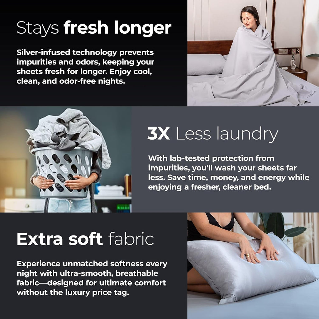 Silver Infused Bed Sheets Set - Ultra-Soft Temperature-Regulating Fabric with Self-Cleaning Technology™ That Stays Fresh 3X Longer for Hygienic Sleep