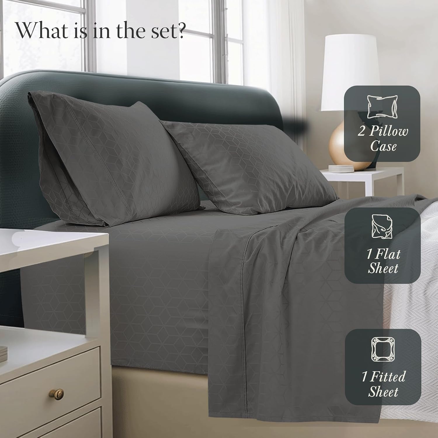 Queen Bed Linen Set, 400 Thread Count Egyptian Cotton, Deep Pocket, Cooling Damask Jacquard, Dark Grey, 4 Piece Set | 100% Egyptian Cotton, Jacquard Pattern, 4-Piece Set, Cooling, OEKO-TEX Certified, Machine Washable