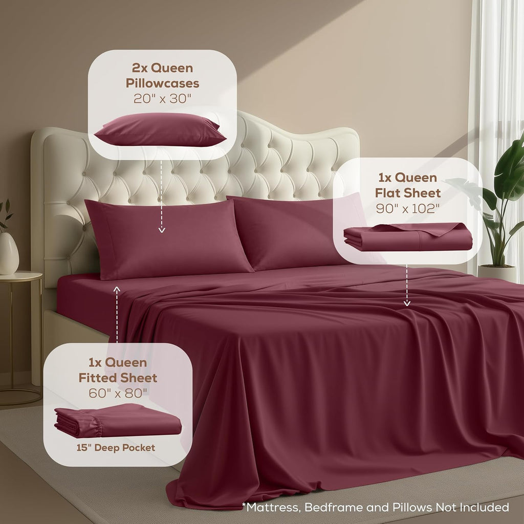 Queen Sheets Set, 4 Pieces 16" Deep Pocket Hotel Luxury Bedsheets, Burgundy | Extra Soft Bedsheet Set, Comfy & Breathable Cooling Sheets, Wrinkle & Fade Resistant, Fitted Sheet, Flat Sheet, 2 Pillowcases