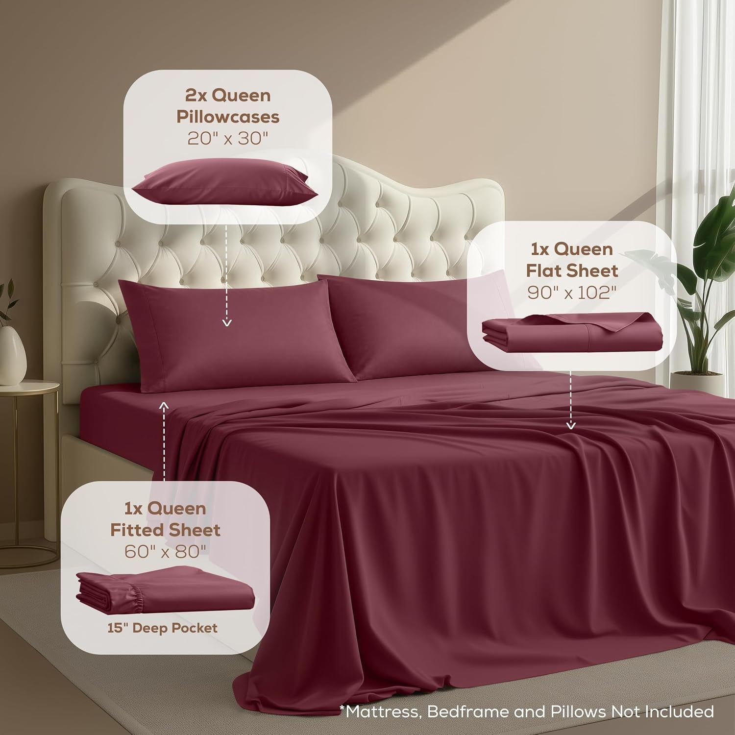 Queen Sheets Set, 4 Pieces 16" Deep Pocket Hotel Luxury Bedsheets, Burgundy | Extra Soft Bedsheet Set, Comfy & Breathable Cooling Sheets, Wrinkle & Fade Resistant, Fitted Sheet, Flat Sheet, 2 Pillowcases